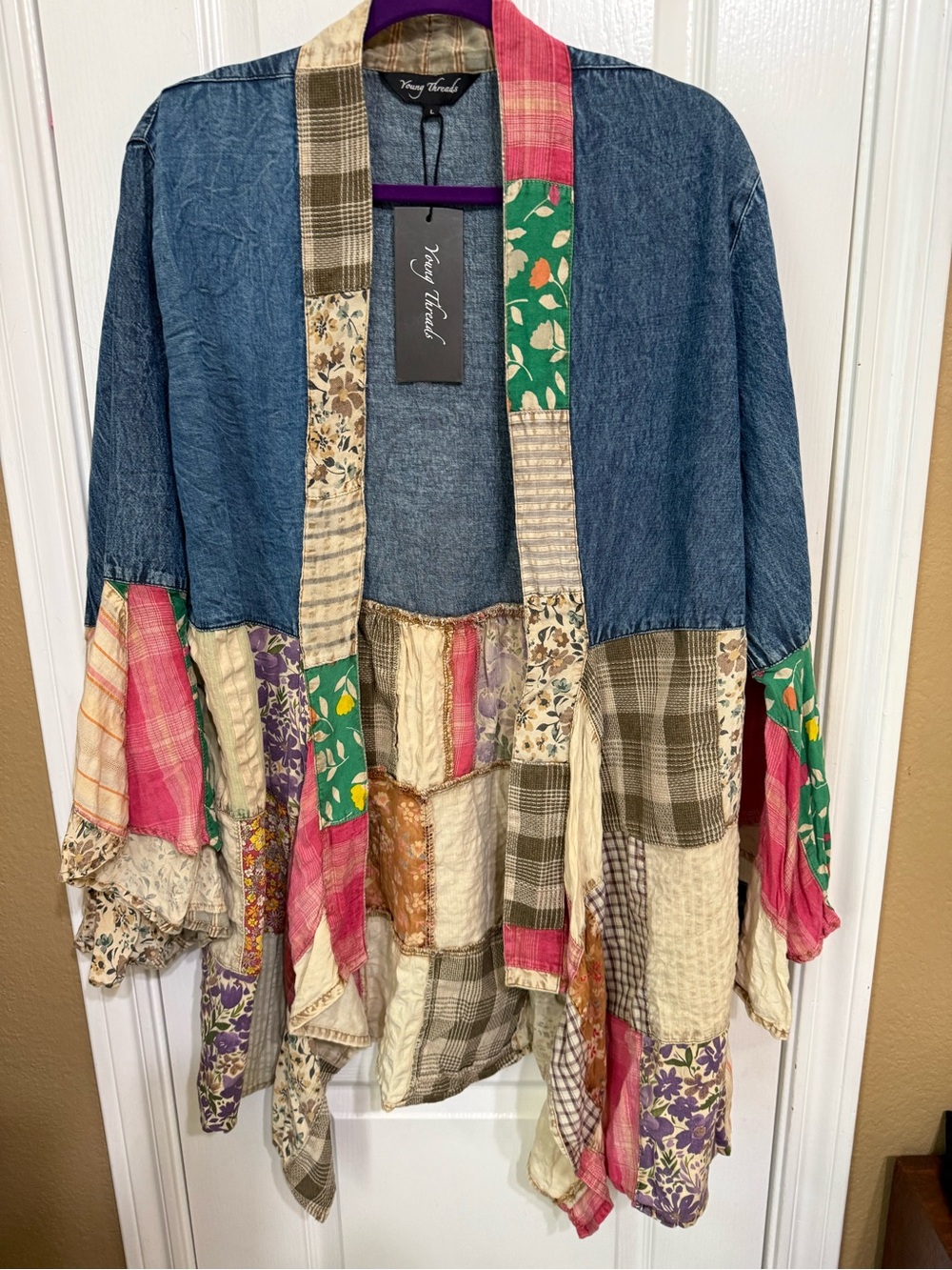 H250 NWT Young Threads L ptp22 Boho Patchwork Kimono Jacket - Multi - Picture 2 of 10